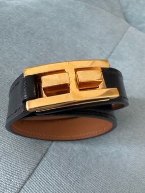 Hermès H Buckle Double Wrap Leather Bracelet Black Gold Tone Size T1